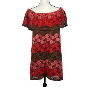 Umgee USA Women's Off‑Shoulder Lace Mini Dress Small Red‎ Brown Floral Boho